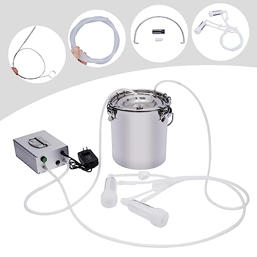 5L Dual Head Sheep Goat Cow Milking Machine Vacuum Impulse 304 Steel Pump Milker Electric Automatic Cow Milker Machine with Milk Tube Brush for Sheep Goat/Cow