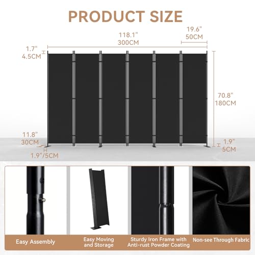 C-Hopetree 6 Panels Room Divider, 6 Ft Tall Indoor Folding Privacy Screen, Portable Partition Separator, Freestanding Separation Temporary Wall for Office, Bedroom, 120" W X 71" H, Black - size: 6-Panel