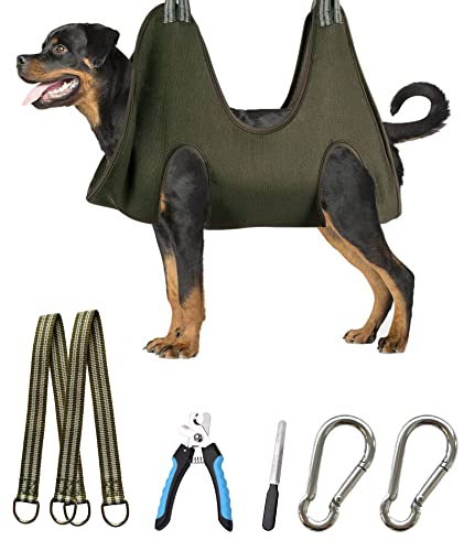 Kkiimatt 10 in 1 Dog Grooming Hammock Harness with Nail Clippers/Trimmer, Nail Hammock for Trimming, Grooming Sling Hange Holder for Extra Large Dogs (XXL/Under 120lb, Khaki Green) - color: Khaki Green, size: XXL/Under 80 lb