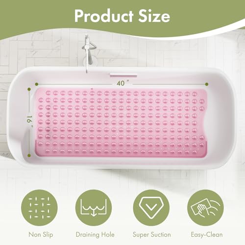 AmazerBath Shower Mat Non Slip 40 x 16 Inches, Shower Stall Mats with Suction Cups and Drain Holes, Non Slip Bath Mat for Tub for Elderly & Kids, Clear Pink - color: Clear Pink, size: 40" x 16" (Rectangular)