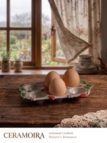 6-Cup Handmade Deviled Egg Platter | 6-Cup Handmade Deviled Egg Platter, Embossed Strawberries & Winding Vines, Country Farmhouse Aesthetic for Kitchen Decor