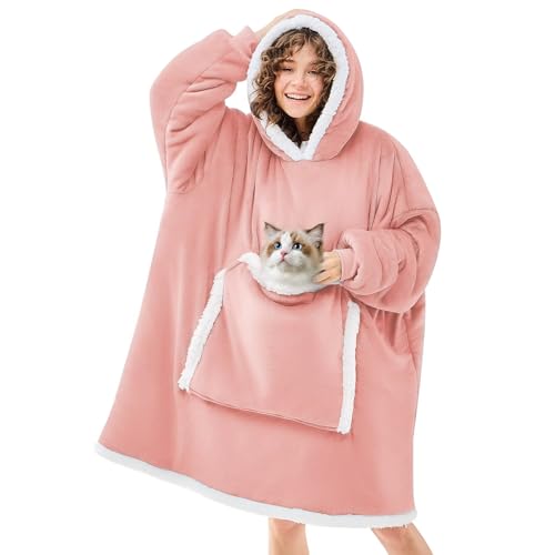 JOYWOO Pink Wearable Blanket Hoodie,Oversized Cat Lovers Sweatshirt Blanket for Adult, Birthday Gifts for Women,Mom,Men,Cozy Sherpa Hooded Blanket with Giant Pocket Winter Gifts,Mellow Rose Standard - color: Mellow Rose, size: Adult