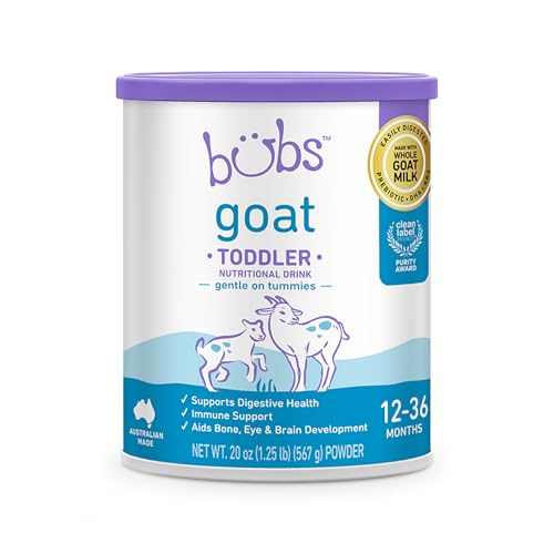 Bubs Whole Goat Milk Toddler Nutritional Drink for 12-36 Months, 20 oz | Goat Milk-Based Powder with Iron, DHA, ARA, Prebiotics & Essential Nutrients to Support Gentle Digestion, with Non-GMO Milk