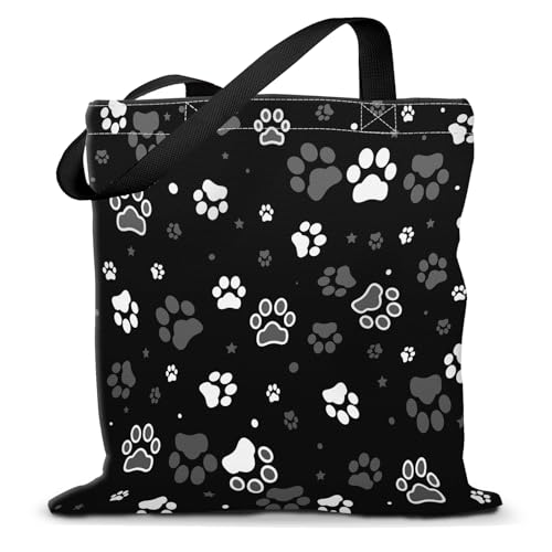 Canvas Tote Bag for Women，Cute Heavy-Duty Shoulder Bag with Zipper Pocket -Travel Tote for Grocery, Gym,Shopping - color: Dog Paw Print and Star
