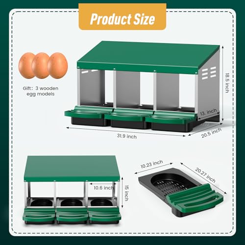 Chicken Nesting Boxes, Roll Away Laying Nest Box for Hens, 3 Compartments | Rollout design with removable drawer for easy egg collection and cleaning, built with durable galvanized steel, Green - color: Green