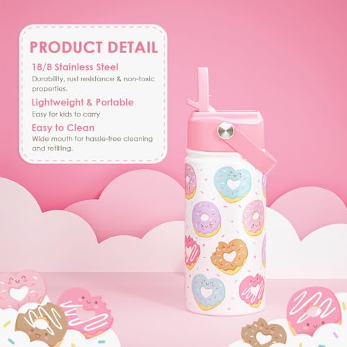 SANDJEST Donut Kids Water Bottle With Straw Lid 12oz Insulated Stainless Steel, Sprinkle Travel Tumbler, Gifts for Girls, Birthday, Christmas, Back To School - color: Donut