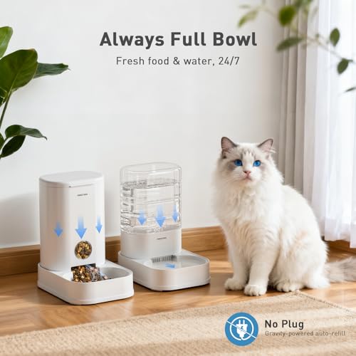 PAWGETHER® 2 Pack Gravity Cat Feeder and Water Dispenser No-Electricity 1 Gallon/3.5L Automatic Cat Feeder and Waterer Dog Water Bowl Dispenser Pet Food Dispenser Puppy Kitten Rabbits - color: Feeder + Waterer (2-Pack)