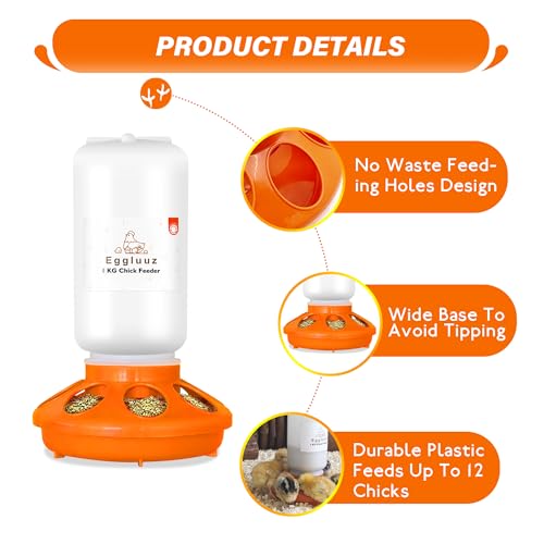 Eggluuz Chick Feeder and Waterer Kit Automatic Chicken Feeder and Waterer Set, 1L Chick Feeder and 1.5L Chick Waterer with 3 Heights Adjustable Legs