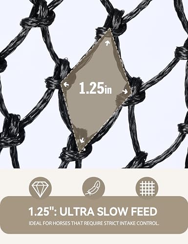 Tackmore 2pcs 36’’ Length Slow Feed Hay Nets for Horses & Livestock Easy to Hang Hay Bags for Horses with Drawstring Closure-Black 1.25" (Ultra Slow Feed) - size: 1.25"
