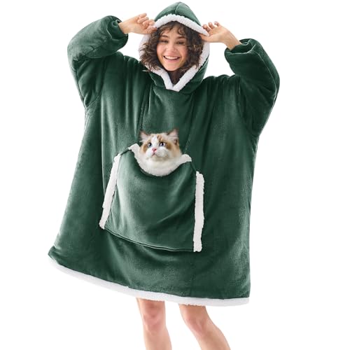 JOYWOO Green Wearable Blanket Hoodie,Oversized Cat Lovers Sweatshirt Blanket for Adult, Birthday Gifts for Women Mom Grandma,Cozy Hooded Blanket with Giant Pocket Winter Gifts,Dark Green Standard - color: Dark Green, size: Adult