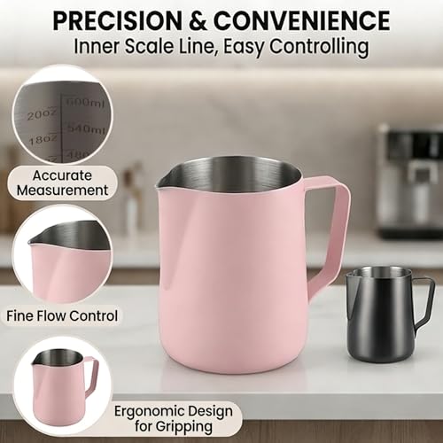 Milk Frothing Pitcher 20oz (600ml) – Stainless Steel Latte Art Pitcher with Inner Scale & Pointed Spout for Espresso Machine & Coffee Barista Tools – Pink Stainless Steel Milk Frother - color: Pink