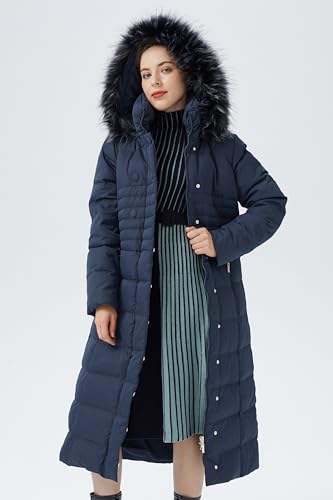 Orolay Women Warm Down Jacket with Hood Fur Long Puffer Coat Brown - color: Navy, size: X-Small