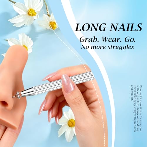 2Pcs Piercing Ball Grabber Tool for Changing Jewelry, Stianless Steel Flat Back Earring Applicator Internally Threaded Push Pin Piercing Grabber Tool - color: Silver-F