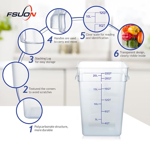 4 Pack 22 Qt Square Polycarbonate Food Storage Containers with Lids | Clear BPA-free PC with lids, side handles, measurement scale and stackable design; for food prep, storage and freezer use. - color: 22Qt