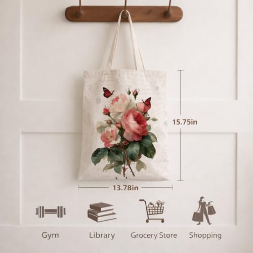 Vintage Floral Canvas Tote Bag, Aesthetic Botanical Reusable Grocery Bags for Women, Elegant Floral Lover Gift Tote - color: Color24