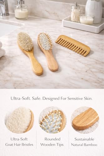 Luxury Baby Brush Set 3-Piece Bamboo Hair Brush & Comb Kit – Soft Goat Bristle Brush, Wooden Comb & Massage Brush for Newborns, Infants & Toddlers – Gentle Cradle Cap Care