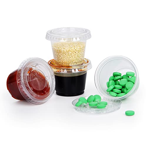 [1 OZ, 100 Sets] Clear Disposable Plastic Portion Cups With Leakproof Lids | Jello Shot, Condiment, Dipping Sauce, Souffle Cups | BPA Free | Recyclable - style: 1 OZ