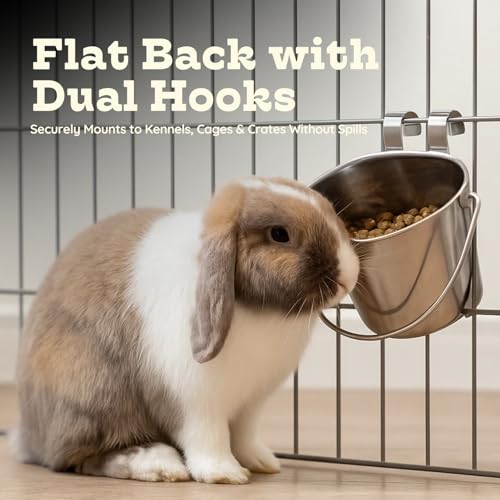 Stainless Steel Flat Side Bucket with Dual Hooks 2 Quart (0.5Gallon)– Heavy Duty Hanging Dog Water & Food Bowl Kennel, Cage & Crate, Durable Pet Pail for Dogs, Cats, Birds & Small Animals - size: 2 Quart