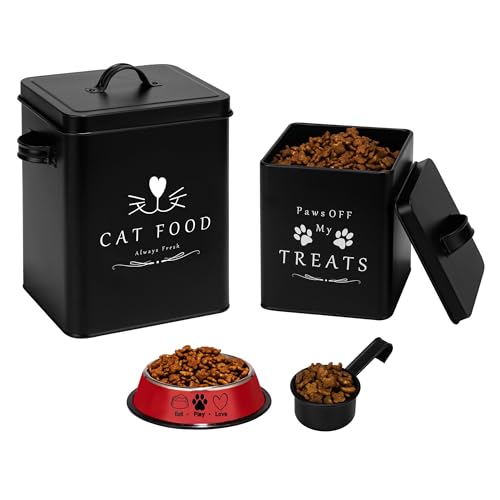 Meraki Home Farmhouse Cat Food and Treats Containers + Feed Scoop + Pet Food Bowl - Tight Lids - Large Metal Storage Bin - Great Gift for Cute Pets (Matte Black) - color: Matte Black