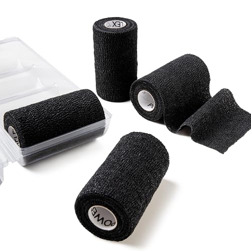 OVIK Health PowerFlex Equine – Extra Strong Self-Adhering Bandage Wrap – Wound Care, Compression & Support Bandage for Horses, Cows & Dogs – Black, 4 inch, 4 Rolls (Resealable Case) - color: Black