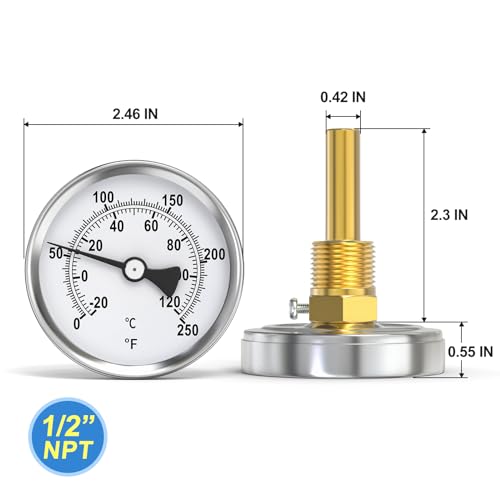 MEANLIN MEASURE 1/2" NPT Bimetal Thermometer, 2-1/2" Dial, 2-1/4" Brass Stem, Accuracy 2%, Center Back Mount, Temperature Range 0-250°F/-20-120°C for Hot Water, Boilers and Pipes - color: 0-250°F, size: 2-1/4" Rod (Center Back Mount)