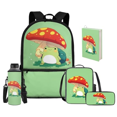 Upetstory Mushroom Frog Backpack for Girls Kids Schoolbag Set with Lunch Box Pencil Purse 5 in 1 School Bag Set Water Bottle Sleeve Middle Elementary Preschool Kindergarten Bookbag Book Cover - color: Mushroom Frog