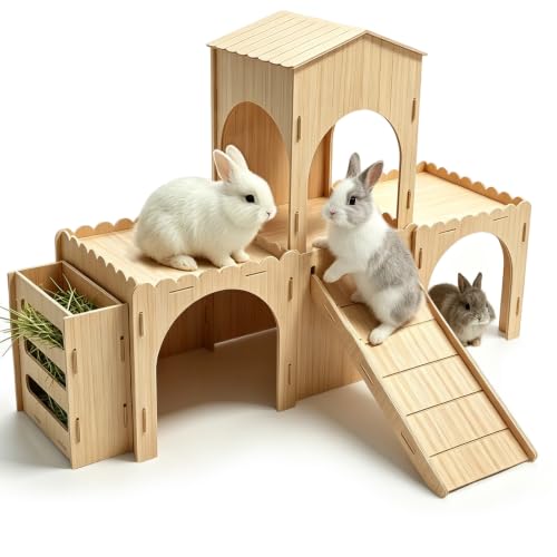 Large Rabbit Castle, Large Rabbit House Wooden Bunny House with Hay Feeder, Tool-Free Assembly for Small Animal Rabbit Guinea Pig Hedgehog