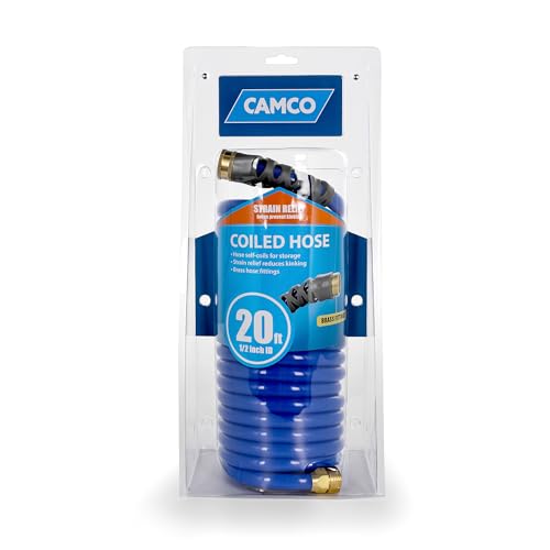 Camco 20' Self Coiling Water Hose with Brass Fittings and 1.5" ID for Marine Use, Cleaning, Car Washing and Gardening, Blue - style: 20' Coiled Water Hose