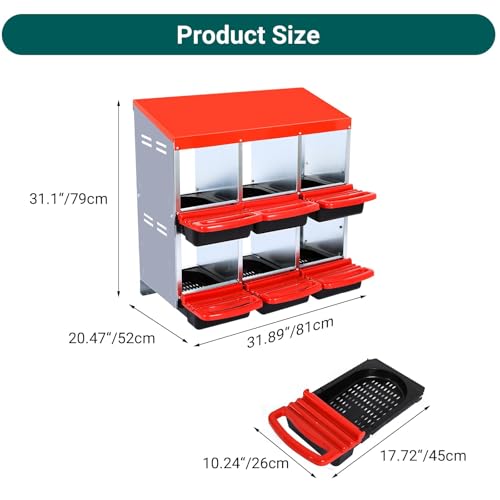 Chicken Nesting Boxes 6-Compartment Wall Mount Roll Away Poultry Laying Boxes with Easy Egg Collection & Cleanable Pull-Out Tray – Heavy Duty Hen Roosting Box for Coop - color: Red