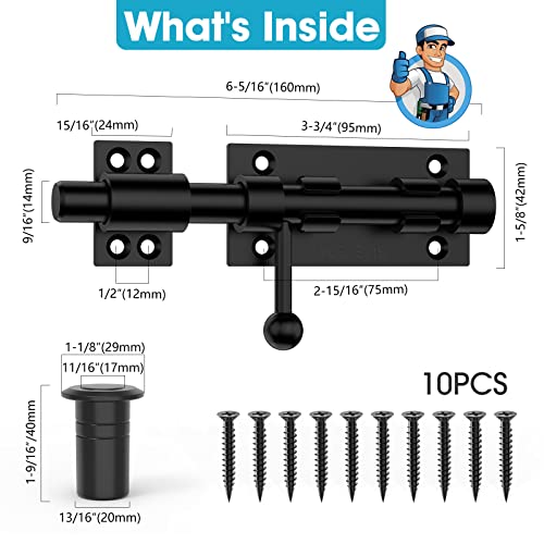 Slide Bolt Gate Latch Hardware, Barrel Bolt Latch, 6.3 Inch Heavy Duty Solid 304 Stainless Steel Black Finish Lock for Wooden Fence/Shed/Yard/Barn Door/Interior and Outdoor (Black) | Heavy Duty Solid 304 Stainless Steel Door Lock for Wooden Fence/Shed/Yar