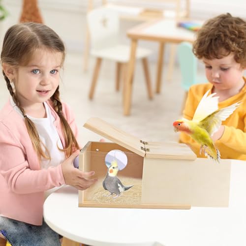 PINVNBY Acrylic Parakeet Nesting Box,Transparent Bird Breeding Box with Detachable Wooden Board Visual Cockatiel House for Budgie Lovebird Conure Parrot (S) - size: Small