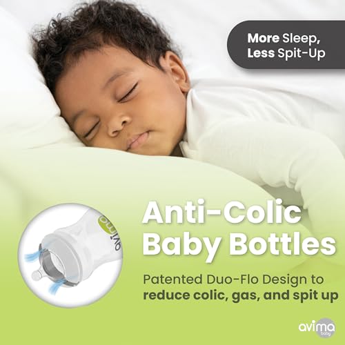 Avima 9 oz Anti Colic Baby Bottles w Medium Flow Nipples, 4-7M (Set of 3) | Wide Neck Stage 2 Silicone Nipples. Blue Elephants Design