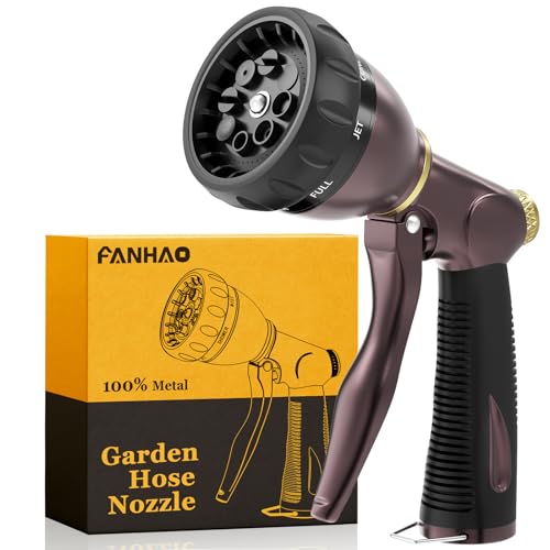 FANHAO Metal Water Hose Nozzle Heavy Duty, 8 Spray Patterns, High Pressure | Comfortable Non-Slip Handle, Hands-Free Lock, Rustproof Leak Proof Hose Sprayer Nozzle for Watering Plant, Car & Pet Washing - color: Bronze