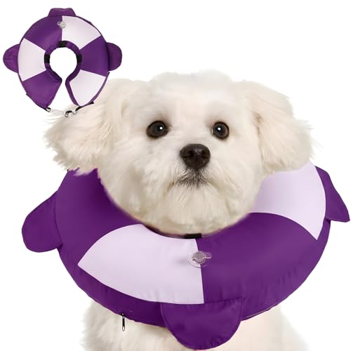Inflatable Dog Cone Collar Alternative After Surgery,Comfortable Anti-Licking & Biting Recovery Donut Collar,Lightweight Waterproof Easy to Clean (Purple,Small) - color: Purple, size: Small