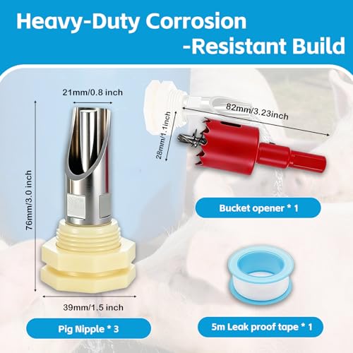 3Pcs Pig Waterer Nipples, Stainless Steel Automatic Pig Nipple Waterer Hog Water Drinker Feeder with Plastic Water Tank Connector, Drill Bit and Tape, for Hog Piglets Goat (3Pcs - Plastic) - size: 3Pcs - plastic