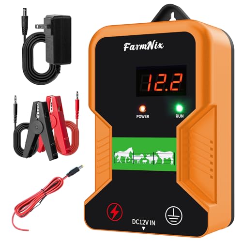 12 KV Electric Fence Charger with LED Display, 2 Joule, 10 Miles | Waterproof, AC DC, High Power, Portable for Livestock & Predator Protection, Gardens, Orchards, Dogs, Pets, Poultry