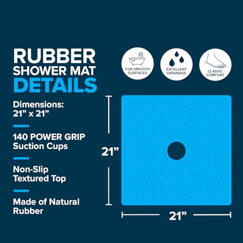 SlipX Solutions 21"x21" Mildew Resistant Non Slip Shower Stall Mat, Tan | Soft Durable Rubber Underfoot, Product Protection, 140 Power Grip Suction Cups, Center Drain Hole - color: Tan