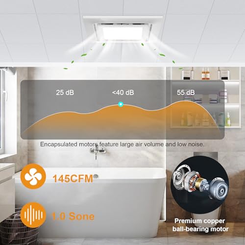 Bathroom Exhaust Fan with Light Ultra Quiet Ventilation Fan Combo 1.0 Sone 145CFM (12" Panel 10"x10" Mount) - color: white