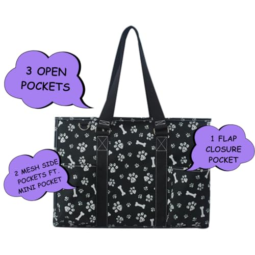 NGIL Utility Water Resistant Tote Bag | Work Tote for Women, Nurse Bag, Teacher's Choice Purse, Gym Bag, Everyday Organizer Top Zipper Closure - color: Printed Paws-black