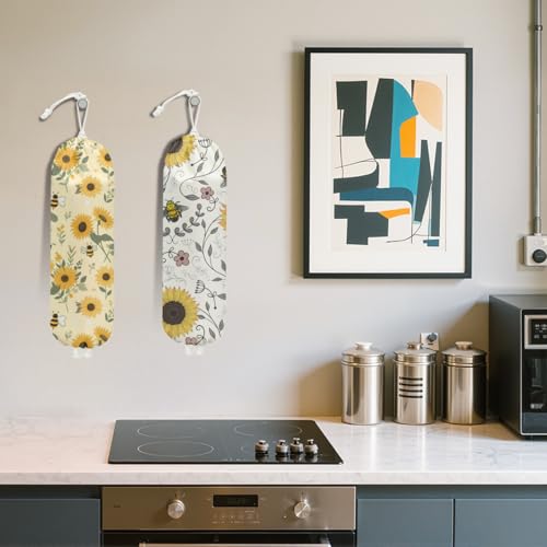 2Pcs Cute Bee Plastic Bag Holder, Wall Mount Grocery Bag Holder | Vintage Rustic Sunflower Reusable Grocery Bags Storage Dispenser for Home Kitchen Pantry, Sunflower Gifts for Women - color: Sunflower 02