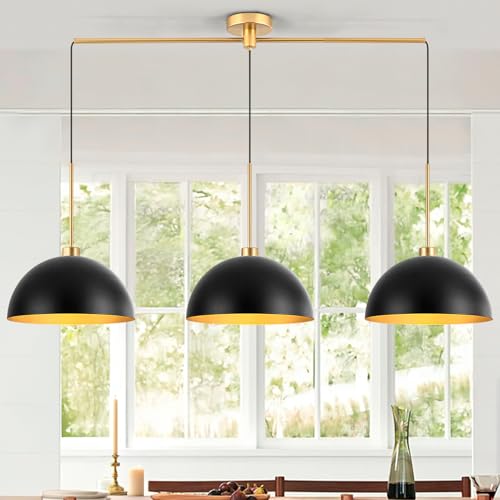 3-Light Black and Gold Dome Pendant Light Fixtures | Farmhouse & Industrial Style, E26 Base, Height Adjustable, Easy Installation, for Dining Room Bar Kitchen Island - color: Black-3 Lights