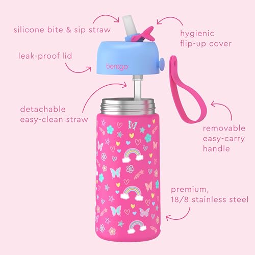 Bentgo Kids Stainless Steel Water Bottle, Leak-Proof, 14 oz, Bite & Sip | Vacuum Insulated, 18/8 Stainless Steel, 12-Hour Cold, Dishwasher Safe, BPA-Free (Rainbows & Butterflies) - color: Rainbows & Butterflies