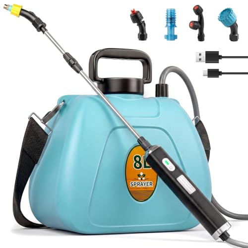 Battery Powered Garden Sprayer 2 Gallon, 7.4V Rechargeable Weed Sprayer with 3 Pressure Mode, 5 Spray Nozzles, Telescopic Wand, Battery Indicator, Adjustable Strap for Lawn Garden, Blue - color: Blue