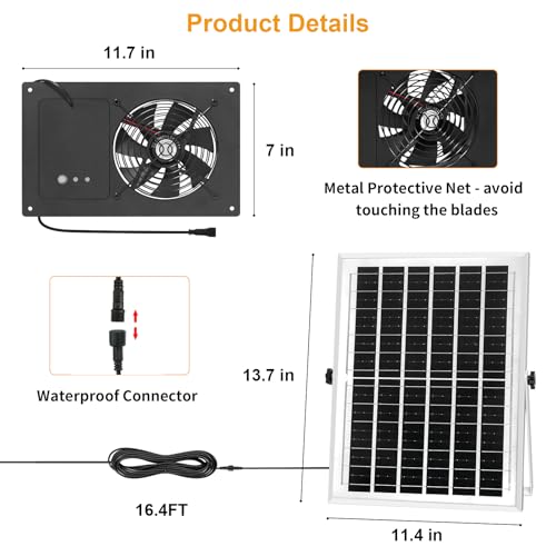 Solar Exhaust Fan with Battery and 3H/6H Timer, IP65 Waterproof | High Speed Solar Powered Ventilation Fan for Chicken Coop, Greenhouse, Dog House and Shed, Low Noise (16.4FT Cord, 1 Pack) - size: Small
