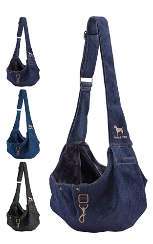 Noah & Paw Dog Sling Carrier for Small Dogs 5-18lb, Dog Sling for Small Dogs and Cats, Dog Carrier with Adjustable Padded Strap, Premium Denim, Lined with Fur, Double Safety Feature, Machine Washable - color: Dark Blue, size: 18.0"L x 10.0"W x 6.5"H
