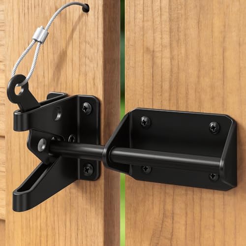 Heavy Duty Gate Latch for Wooden Fence with Cable Pull | Automatic Self Locking Gravity, Door Latch for Wood/Metal Gate, 7-1/2" Gate Hardware for Pool & Dog Door, Shed Garden, Black