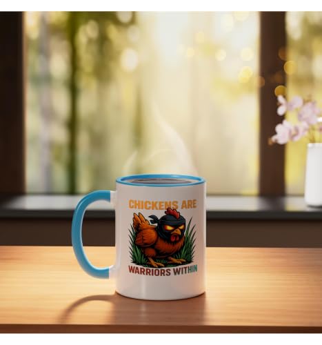 Chickens Are Warriors Within Funny Poultry Ninja Ceramic Mug, Blue/White, 11oz - color: Blue/White, size: 11 Ounces