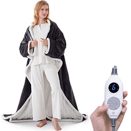 Westinghouse Wearable Heated Blanket with Foot Pocket Sherpa 50x70+18 Grey | Electric Snuggle Throw with Foot Pocket, Flannel Sherpa 6 Heating Levels & 2-10 Hours Auto Shut Off, Home Office Use - color: Grey&ivory, size: 70*50" Heated Snuggle Blanket (Lon
