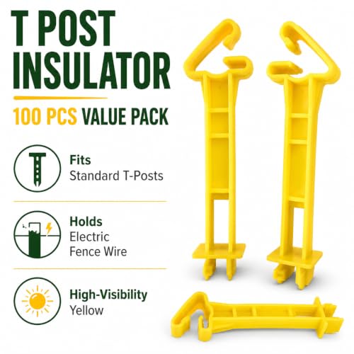 T Post Insulators 100 Pack, 5 inch Yellow Electric Fence Wire Clips | UV-resistant plastic, snap-on fit, holds fence wire away from metal T-posts for farm, ranch, pasture and garden fencing