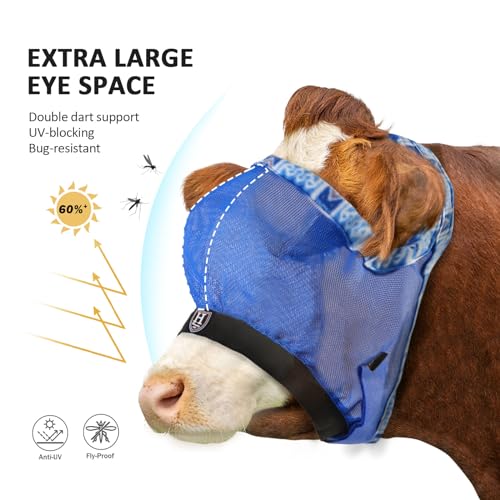 Harrison Howard Cattle Livestock Fly Mask Breathable Mesh Padded Edging with Fun Patterns Large Spacing Forelock Opening Design Adjustable Fit for Cattle Signature Blue - color: Signature Blue